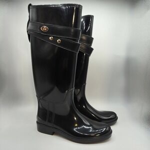 Coach Tristee Black Glossy Rubber Rain Boots Knee High Tall Womens 7 Spring
